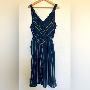 Navy and White Striped Stretchy Waist Jumper with Fabric Tie Belt size XL